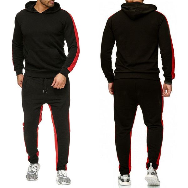 

2-piece sportswear men's new brand autumn and winter hooded sweatshirt + drawstring pants male striped patchwork hoodie, Gray