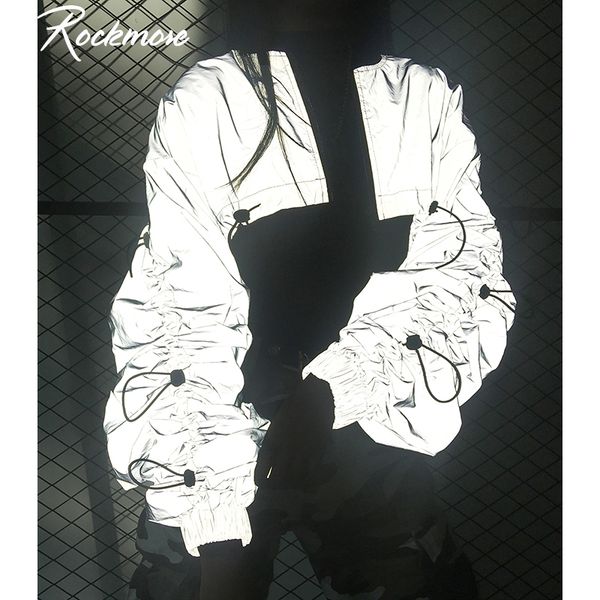 

рокмор светоотражающие puff рукавом женские куртки и пальто женщины кулиской плиссе ветровка zipper водолазка bomber jacket, Black;brown