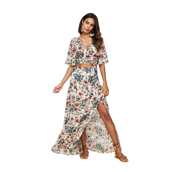 

beach floral bohemian dresses women deep v-neck designer chiffon dress high waist spring summer, Black;gray
