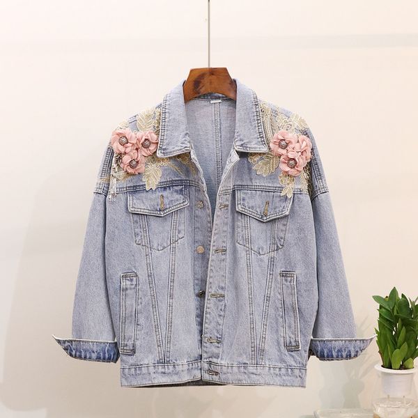 

2018 jacket women loose denim casual bead 3d print floral jeans appliques spring autumn oversized coat outwear manteau femme, Black;brown