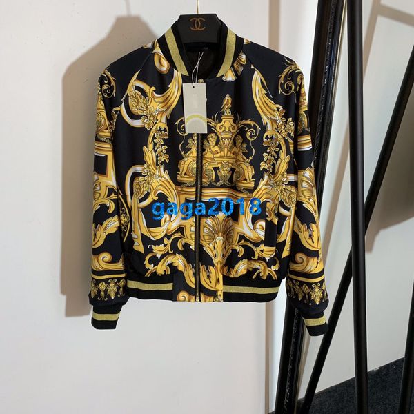 

High end women girl hort bomber jacket gold hibi cu patchwork print zip long leeve coat cardigan milan fa hion de ign outerwear top