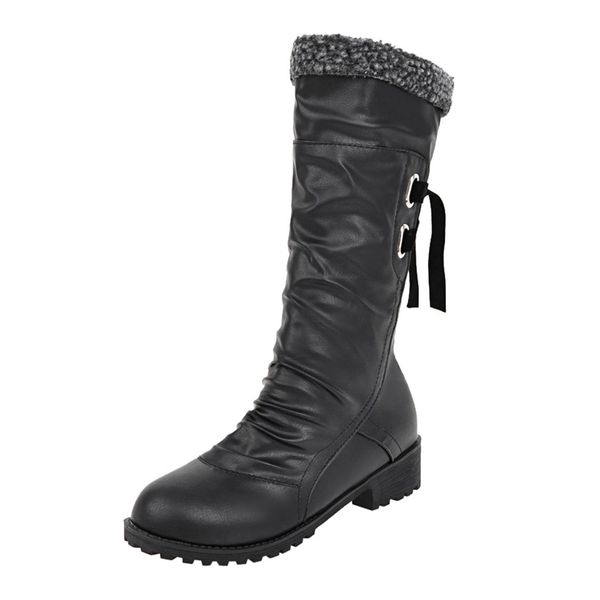 

fashion pure color round toe lace-up boots chunky heels vintage women boots, Black