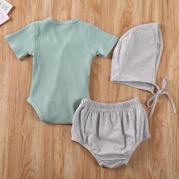 

2020 infant baby cotton romper 3pcs outfit ribbed sleeveless v neck romper striped short pants cap set, White