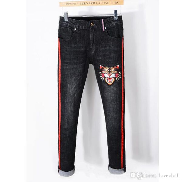

new italy style men's distressed tiger embroidered pants red side stripe black skinny jeans slim trousers, Blue