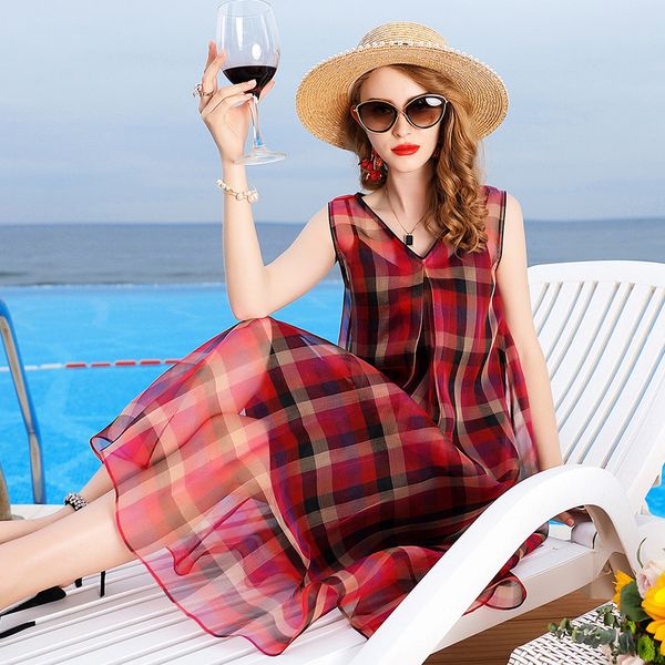

2019 spring and summer new style women's dress v-neck plaid organza sleeveless mulberry silk dress mid-length a generation of fa, White;black