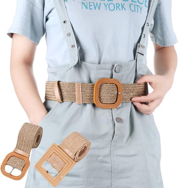 

2020 new female round square wooden buckle belts women's wide straw braided woven belt for women dress cinturon madera paja, Black;brown