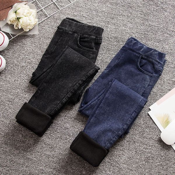 

plus velvet thick autumn winter vintage jeans women skinny high waist denim jeans streetwear plus size elastic jean femme q1057, Blue