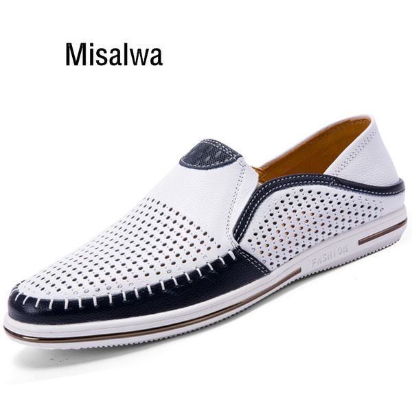

misalwa lightweight summer men casual shoes genuine leather male white sneakers handcrafted brand slip-on men loafers breathable t200610, Black