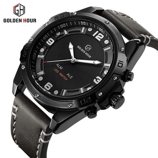 

goldenhour men watch men quartz sport watch relogio hombre genuine leather military analog auto male clock relogio masculino, Slivery;brown