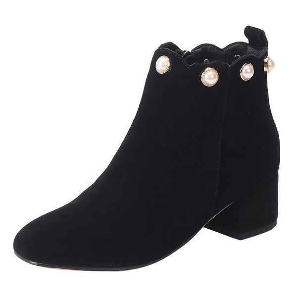 

new boots women high heel pearl flock solid ankle snow boots autumn winter vintage round toe zipper leather casual booties shoes, Black