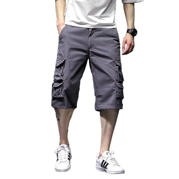

plus size 40 summer cargo pants multi pocket vintage plain color style 3/4 mens casual baggy pants, Black