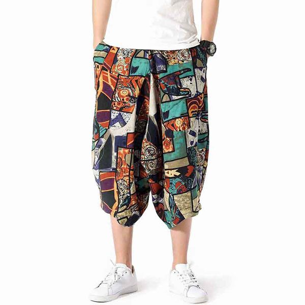 

spring and summer men's wide crotch harem cotton linen plus size green print wide-legged bloomers baggy cropped trousers l415a, Black