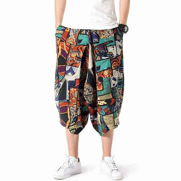 

spring and summer men's wide crotch harem cotton linen plus size green print wide-legged bloomers baggy cropped trousers l415a, Black