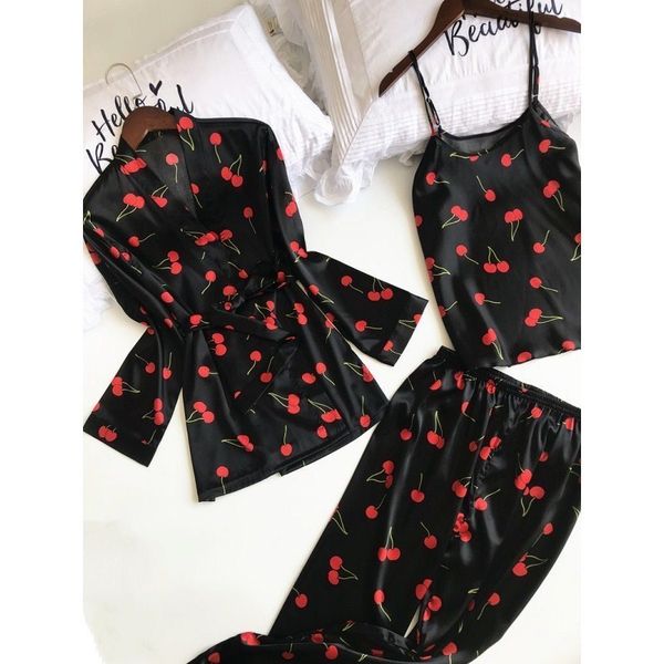 

new arrival women v-neck pajamas sets spaghetti strap spring satin flower print three piece nightwear, Blue;gray