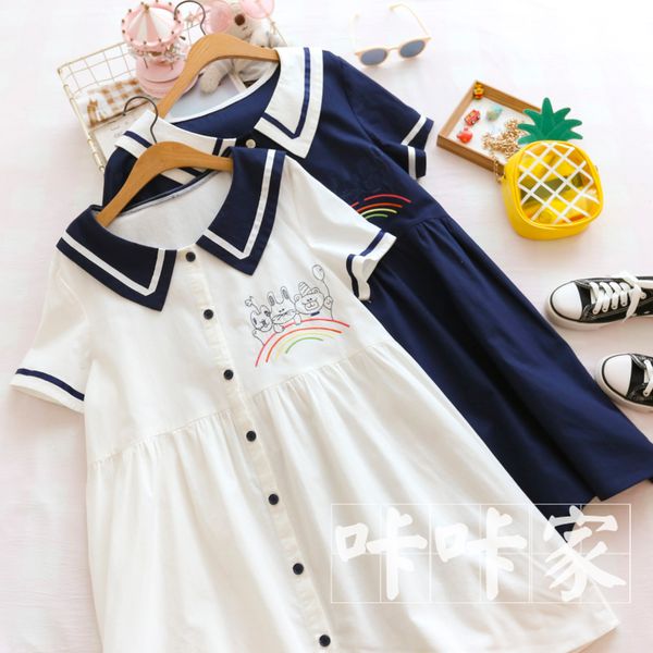 

japanese college style lolita cute rainbow cartoon embroidery navy sailor collar cotton linen short sleeve dress mori girl dress, Black;gray