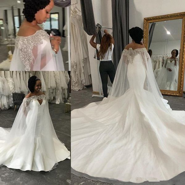 

luxury african mermaid wedding dresses with wraps cape spark crystals sequined long bridal gowns elegant satin court train vestidos 194, White