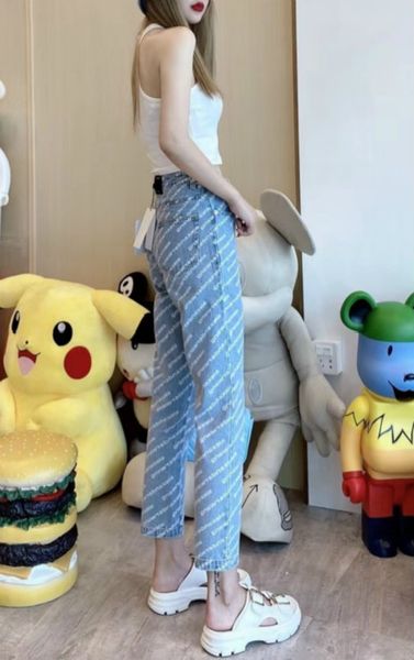 

aaw100 women high waist loose casual print letter logo jeans light blue a2