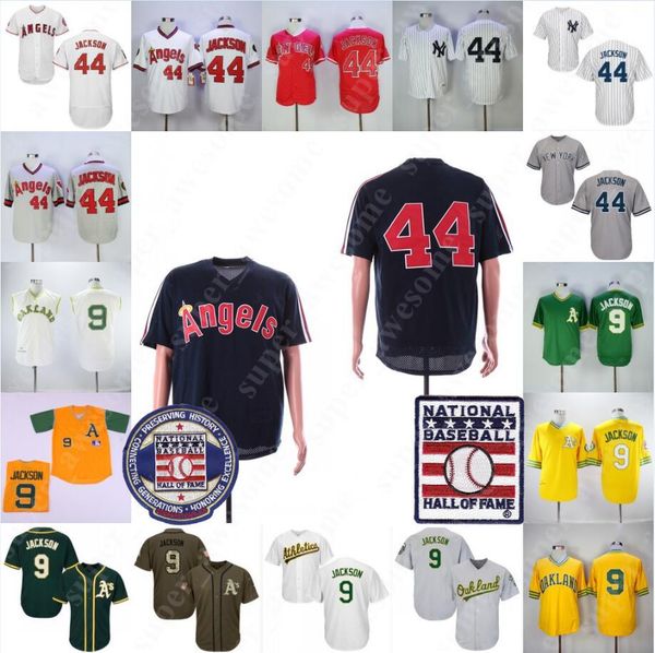 

Reggie Jackson Jersey With Hall of Fame Patch Oakland 9 Athletics Los Angeles New York 44 Yankees Baseball Jerseys White Grey Green Pullover