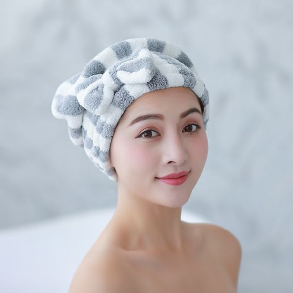 

towel elastic hair drying cap with bow thickening cation coral fleece super absorbent hair wrap towel after shower hat