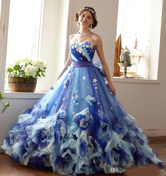 

2020 attractive 3d applique ball gown quinceanera dresses strapless neck beaded prom gowns tulle lace-up back ruffled sweet 16 dress, Blue;red