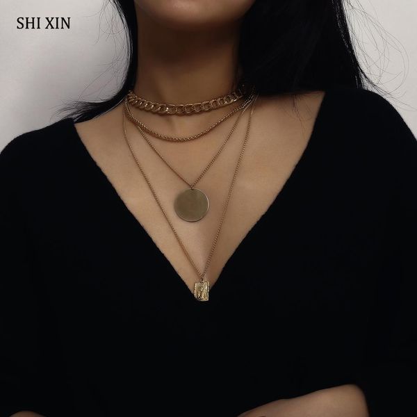 

shixin fashion long multi layered chain necklace for women coin angel pendants necklaces female gold/silver color chain jewelry