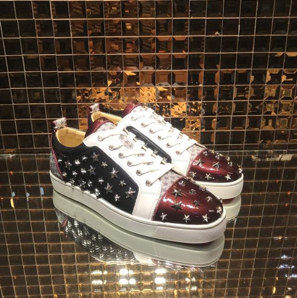 

марка дизайнер loustarspiked мужского flat red bottom sneaker звезда шипованной мода обувь, синие лакированная кожа 3d шипастой star заклепк, Black