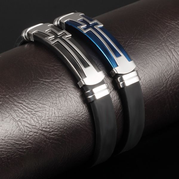 

new fashion men's stainless steel crucifix cross leather cuff bangle bracelets cuff bangle wrist band surfer blacelet, black/blue, Golden;silver