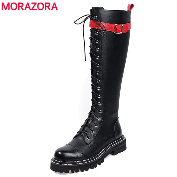 

morazora 2020 new genuine leather boots women punk combat platform boots ladies footwear autumn winter knee high for women, Black