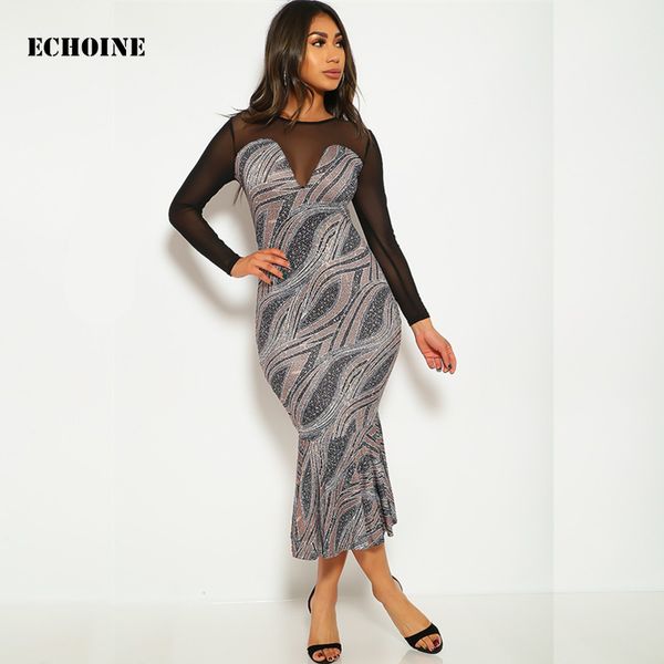 

sheer mesh patchwork midi dress slim bodycon mermaid dress elegant evening party dresses female maxi lace dresses, Black;gray