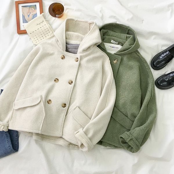 

abrigos mujer invierno 2018 autumn winter harajuku literary style long sleeve hooded tweed coat and jackets women wool coat, Black