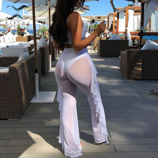 

ruffle bikinis 2019 mujer transparent swimsuit female fashion summer beach wear see-through cover up bottoms long trousers, Blue;gray