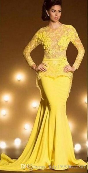 Arábia Saudita Dubai Sereia Elegante Vestidos de Noite 2019 Sexy Amarelo Formal Vestidos de Baile Kaftan Rendas de Manga Longa robe de soirée 199