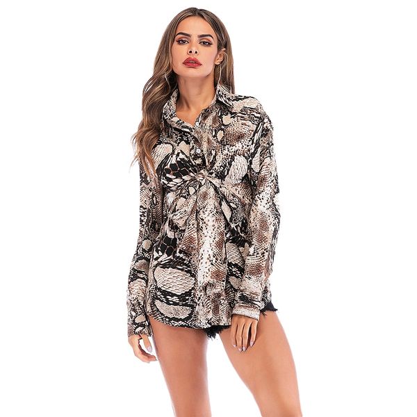 

женщины змеи printed блуза с длинным рукавом нагрудные блуза кнопка вниз повседневный свободном tops стильная рубашка, White