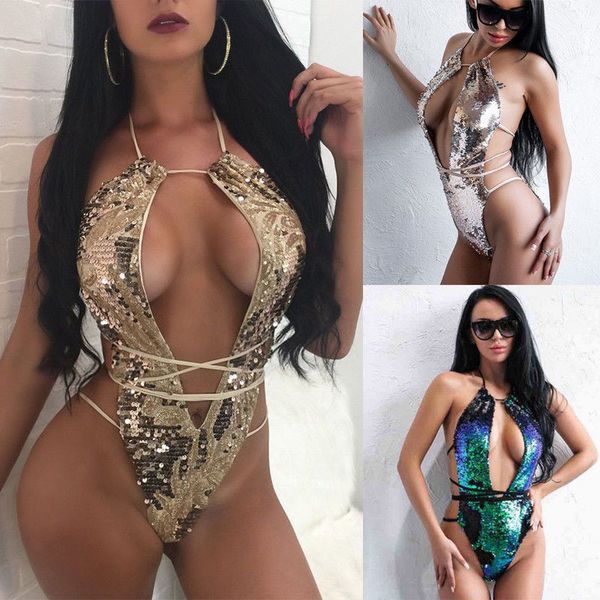 

summer womens swxy one-piece bandage swimsuit gold sequin lace up monokini bathing suit bikini, Black;white