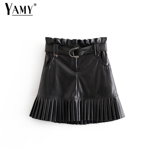 

2020 black leather skirts womens vintage skirts retro high waist skirt punk winter pleated skirt korean faux leather skirt belt, Black;gray
