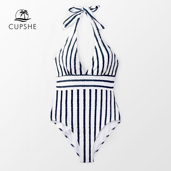 

cupshe флота и белая полоса лук холтер цельный купальник женщин sexy beach купальников 2020 девочка boho монокини купальники, White;black