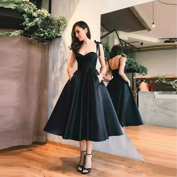 

little black prom dresses spaghetti straps a line 2019 short cocktail dress tea length black evening gowns formal party dresses