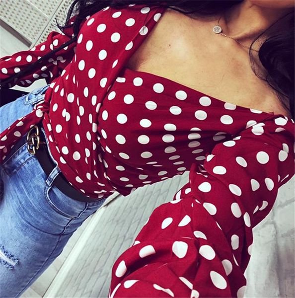 

autumn vintage new women blouses slim deep v neck lace up polka dot lady long sleeve casual female outfits, White