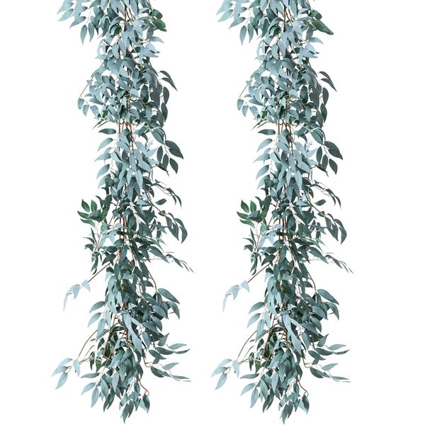 

2 pack artificial gray greenery garland faux silk willow leaves vines wreath for wedding decor, party, home decor, crowns wreath