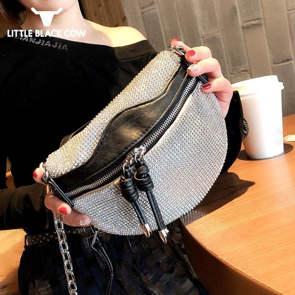 

designer rhinestone women chest bags casual party crossbody bags 2019 new street fashion silvery saddle shoulder bag female