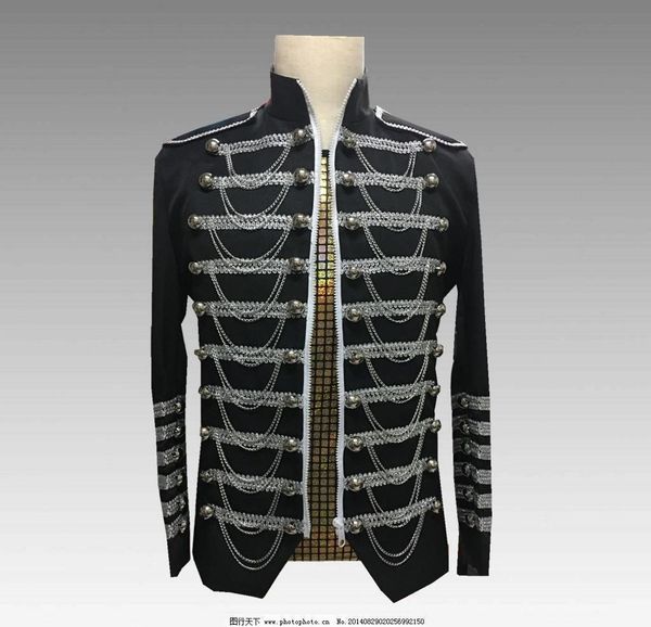 

chain button men's black zipper blazer coats large size male nightclub prom suit jacket men's chorus stage performance costumes, White;black