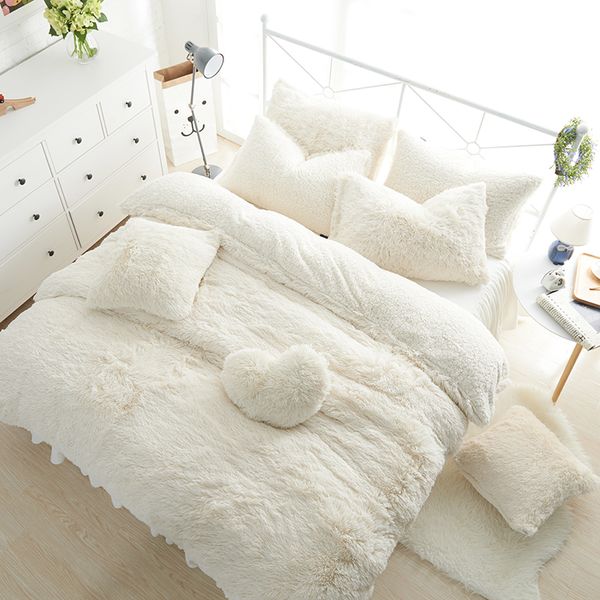 

59 solid color princess bedding sets luxury 3/4/6/7pcs snow white lambs wool bed skirt duvet cover bedspread bedclothes bed