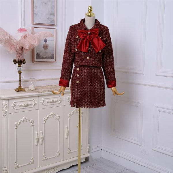 

luxury quality 2020 autumn winter elegant women wine red bow tweed jacket + slim skirt 2 pcs sets female fashion suits a455, Gray