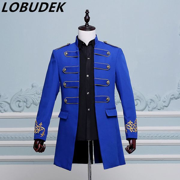 

long blue jacket punk male prom wedding groom stage ds costume singer nightclub bar show jazz hip hop performance outerwear coat, Black;brown