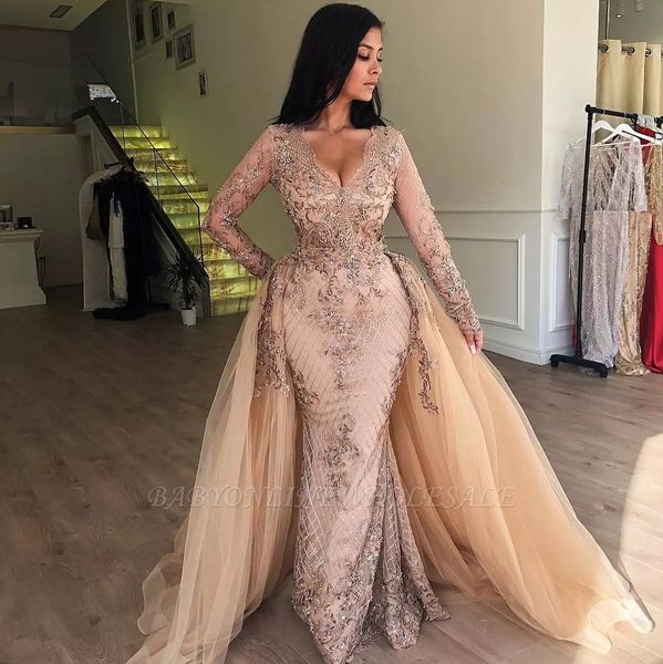 

2020 mermaid v-neck long sleeves appliqued prom dresses with detachable skirt mermaid evening dress, Black