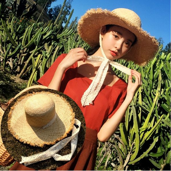 

lafite female summer hipster straps big straw shoulder strap straw brim beach sun hat outdoor sunscreen holiday beach hat, Blue;gray