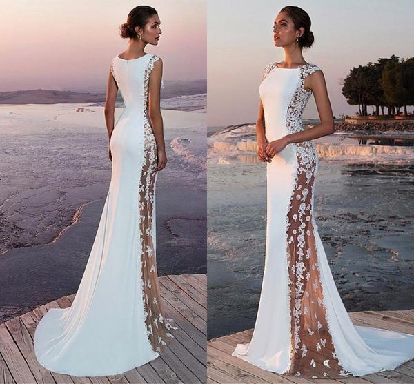 2019 Elegant White Satin Mermaid Wedding Dresses See Through Lace