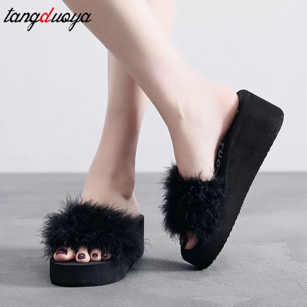 

fur slippers women winter slippers platform wedges shoes women outdoor footwear platforms pantufas mujer, Black