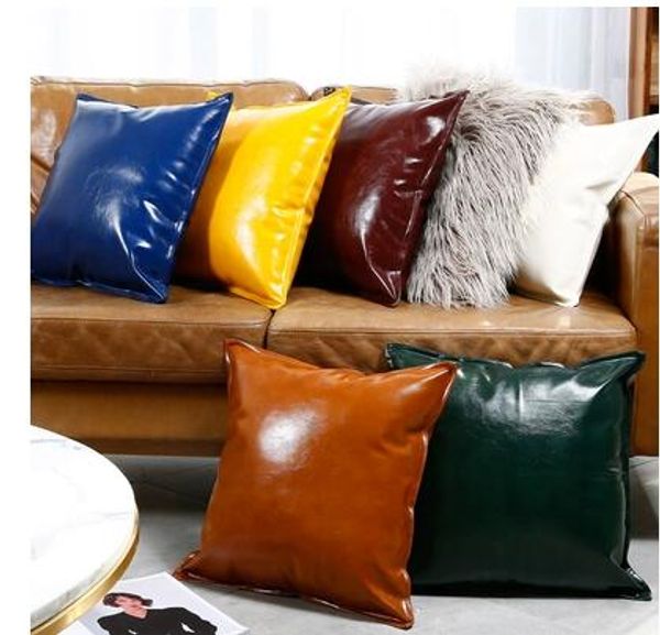 

bright solid color pu leather cushion cover luxury simulation leather lumbar pillow case water proof pillow cover backrest