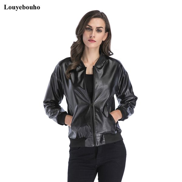 

pu leather bomber jacket women casual biker motorcycle zipper pockets outwear autumn winter long sleeve slim outerwear coat new, Black